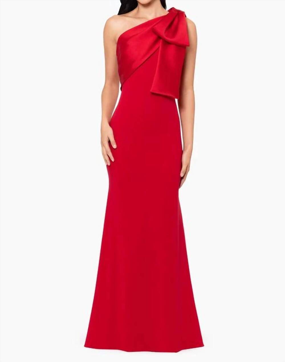 NEW BETSY & ADAM bow shoulder gown in red